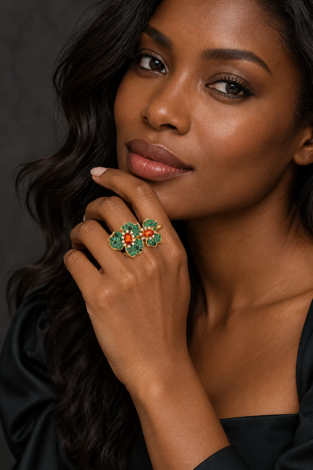 The Virginie Romance Ring worn on a model — AI-generated styling preview