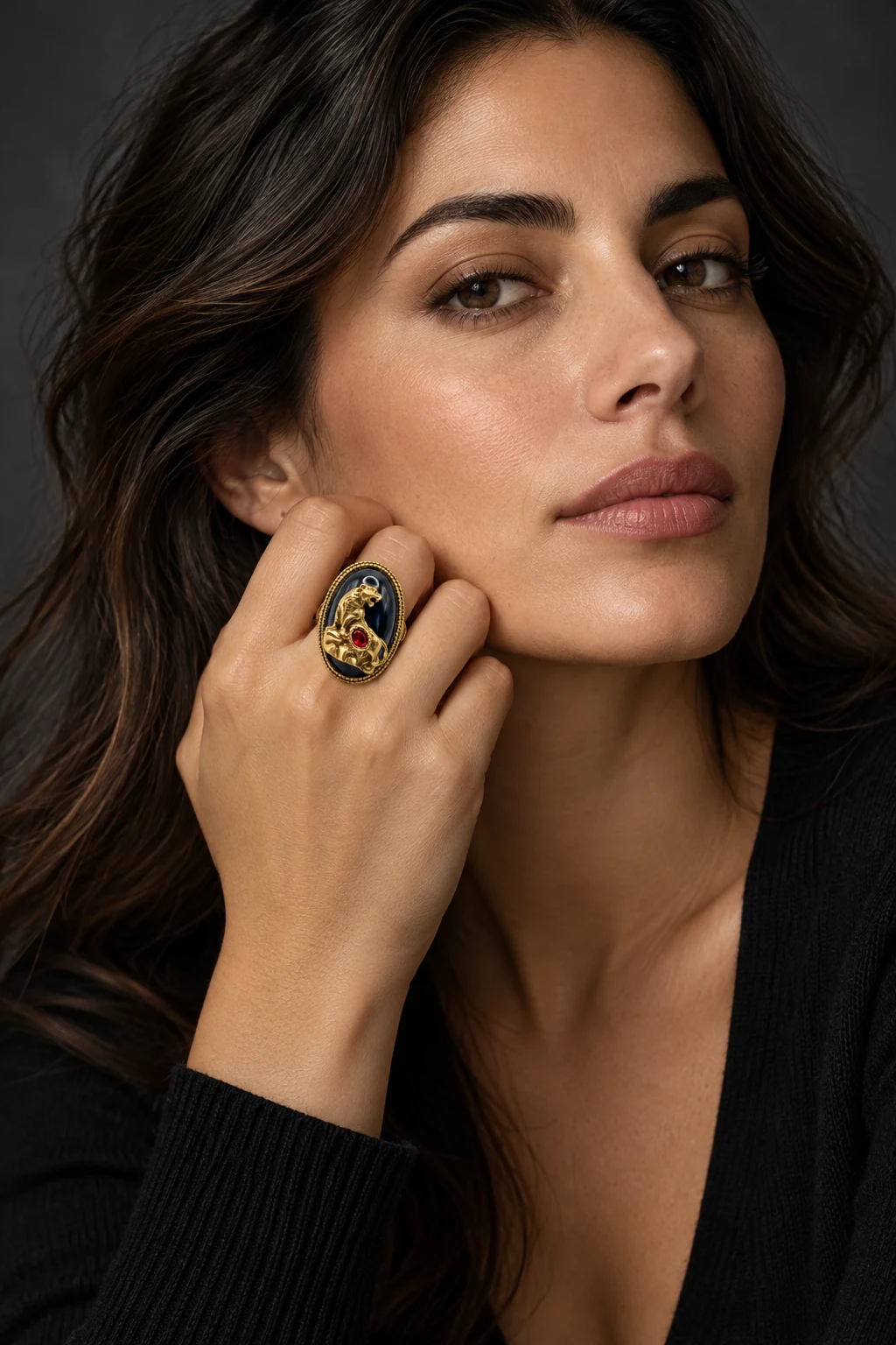 The Clair de Lune Ring worn on a model — AI-generated styling preview