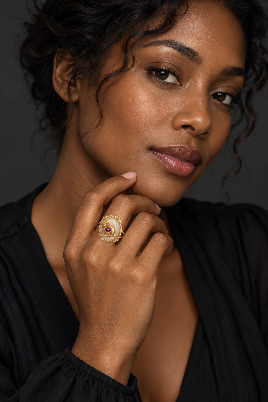 The Margaux Sonnet Ring worn on a model — AI-generated styling preview