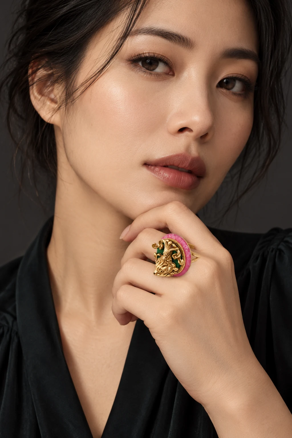 The Valentine Arabesque Ring worn on a model — AI-generated styling preview