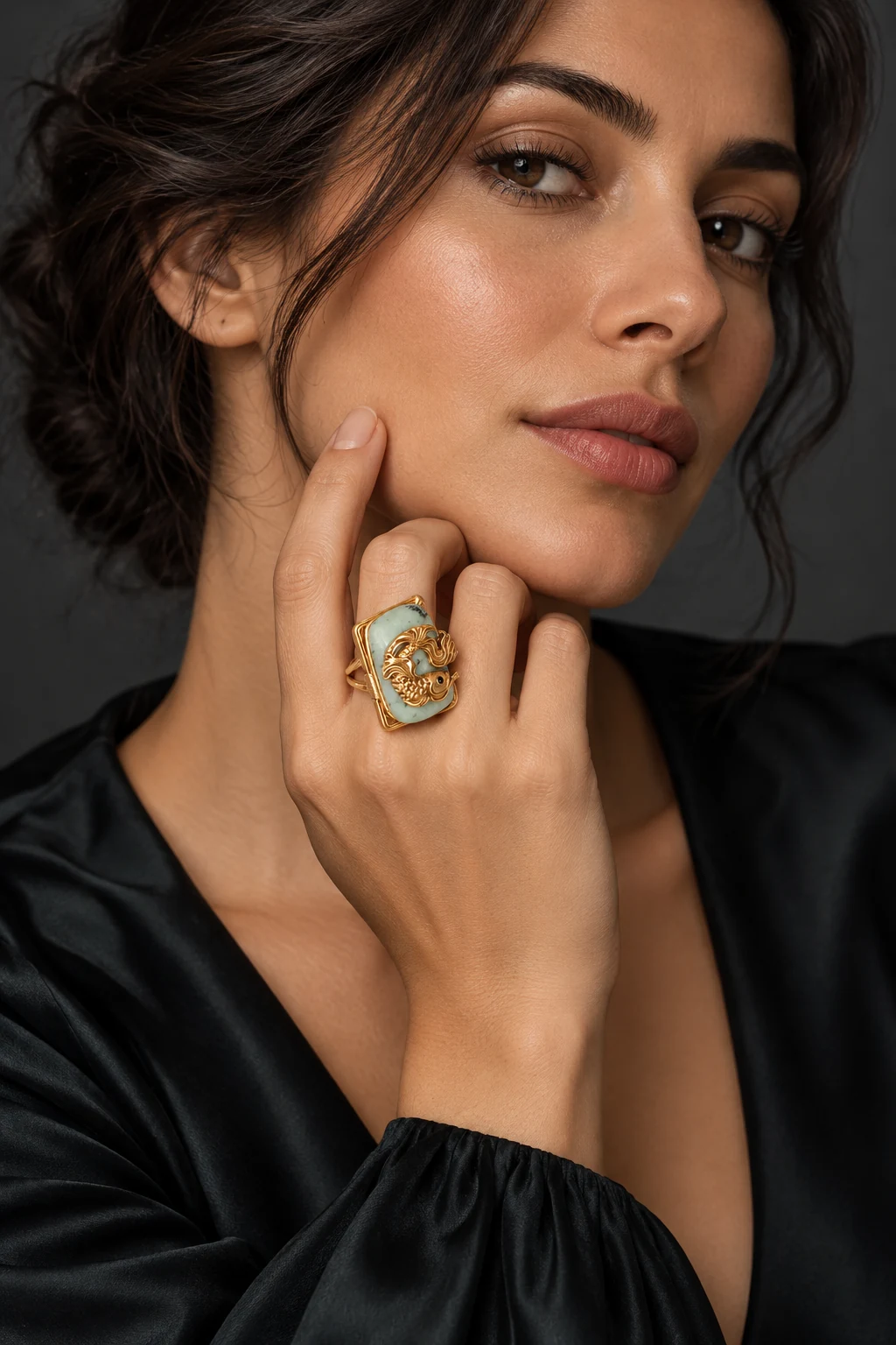 The Anouk Nocturne Ring worn on a model — AI-generated styling preview