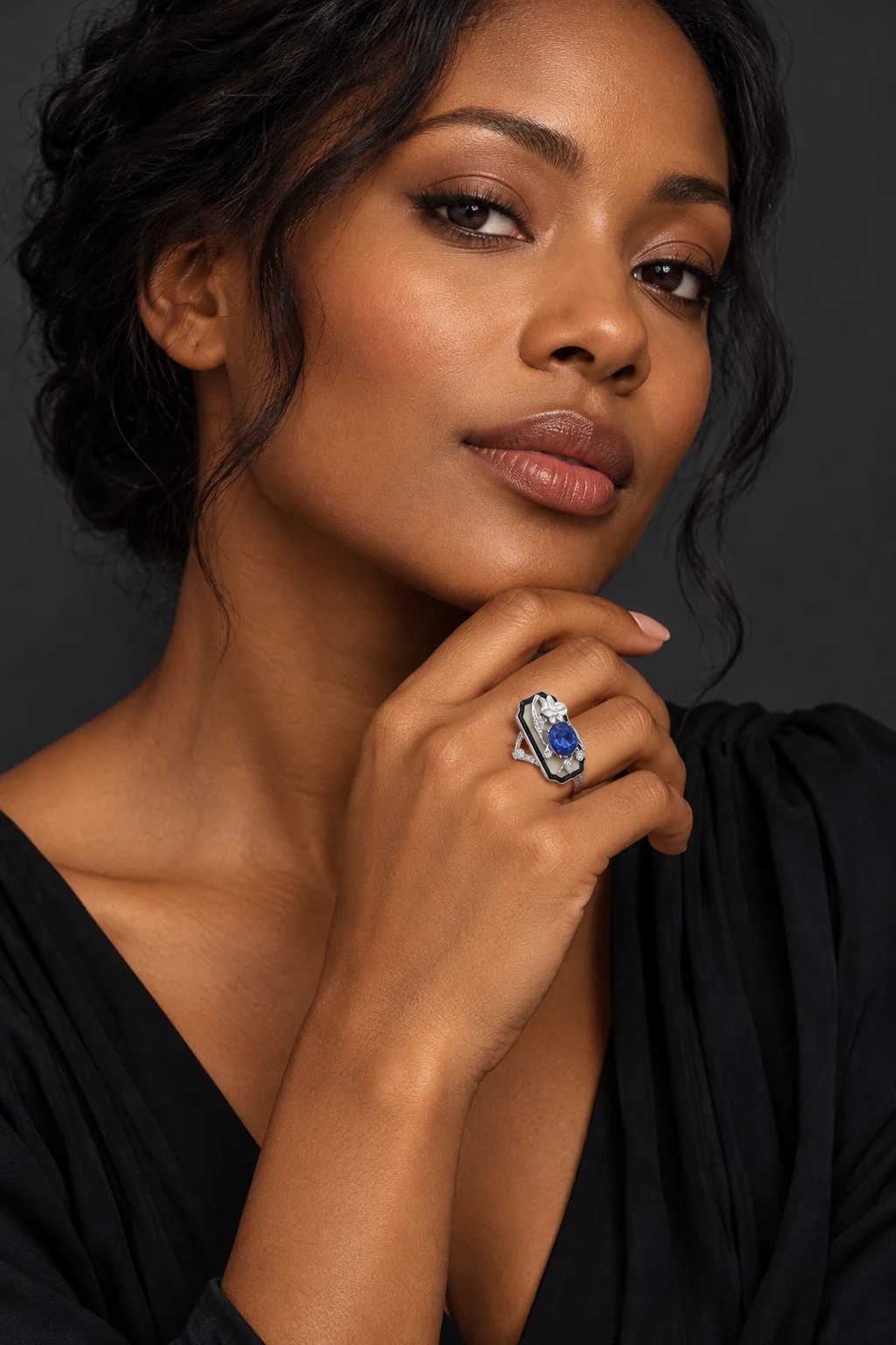 The Cassandre Romance Ring worn on a model — AI-generated styling preview