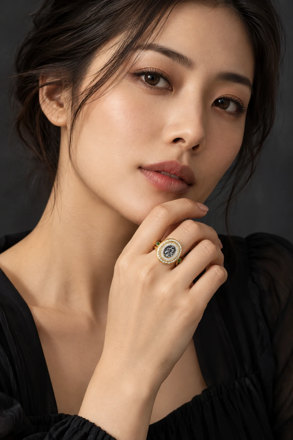 The Margot Sonnet Ring worn on a model — AI-generated styling preview