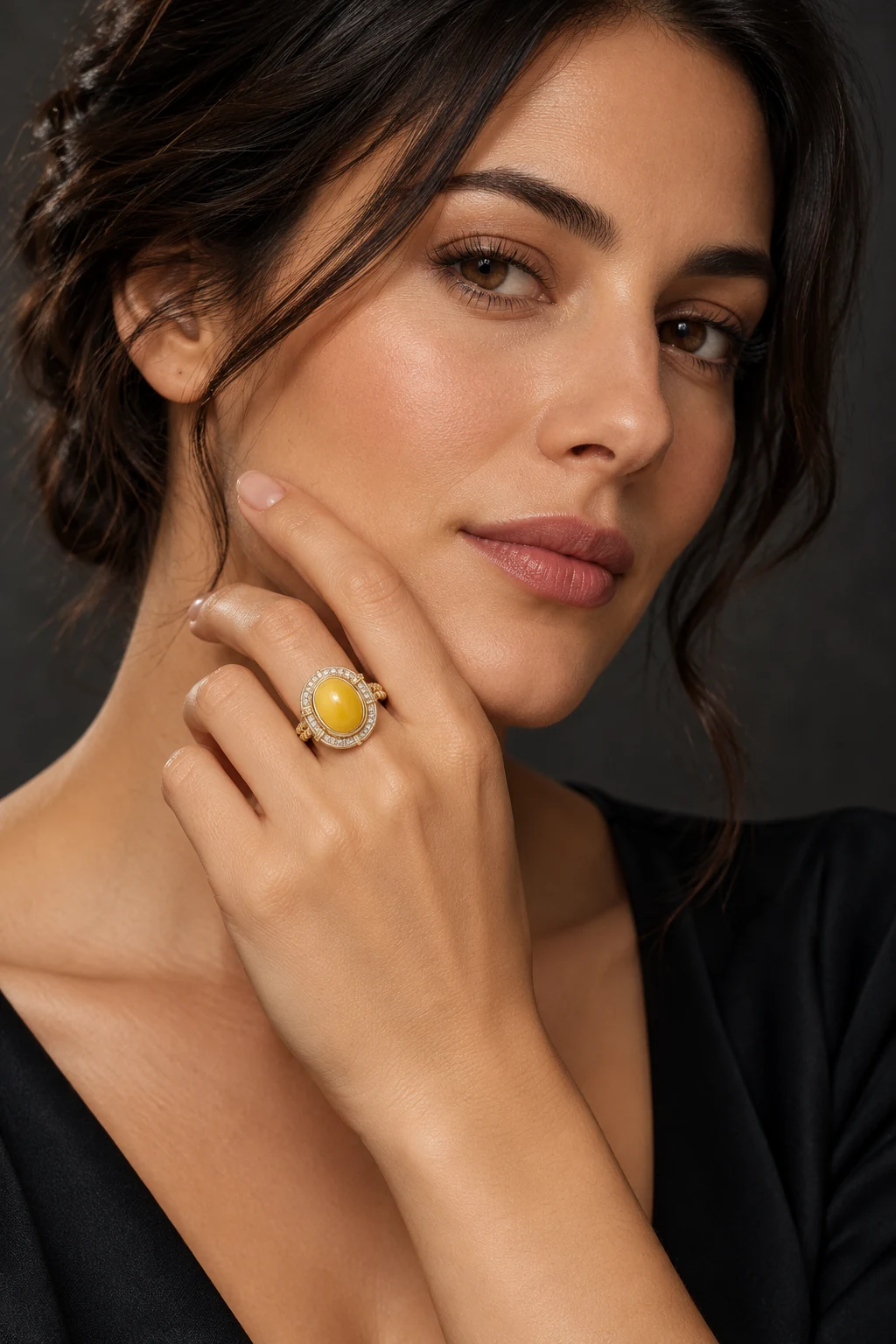 The Capucine Waltz Yellow Ring worn on a model — AI-generated styling preview