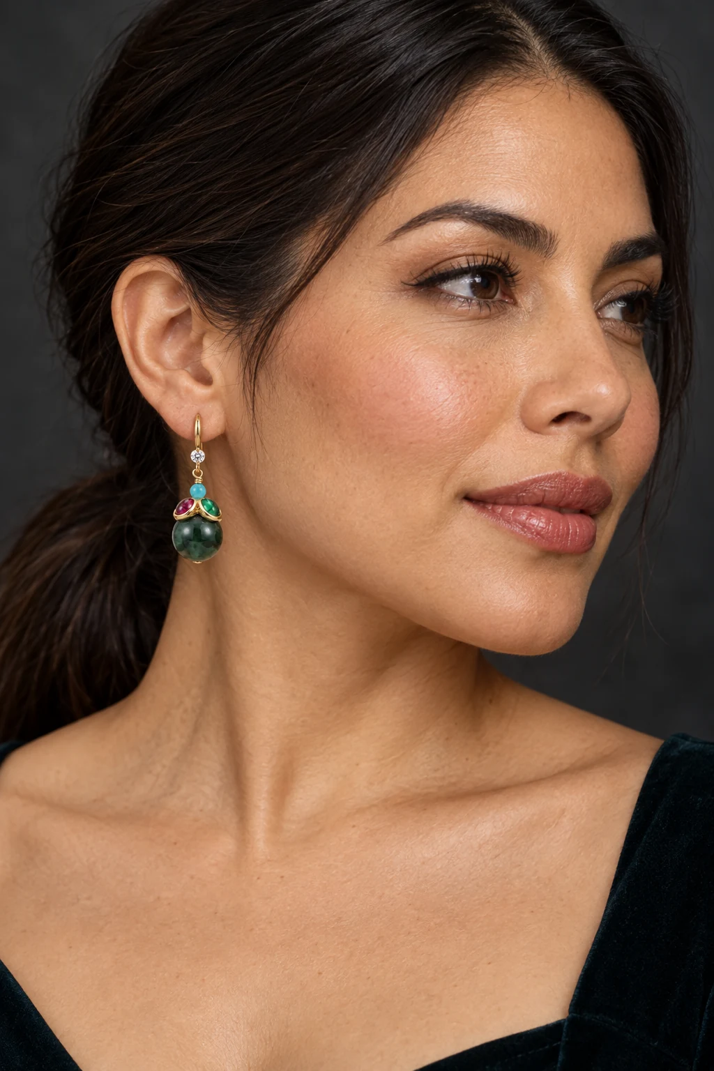 The Dahlia Earrings worn on a model — AI-generated styling preview