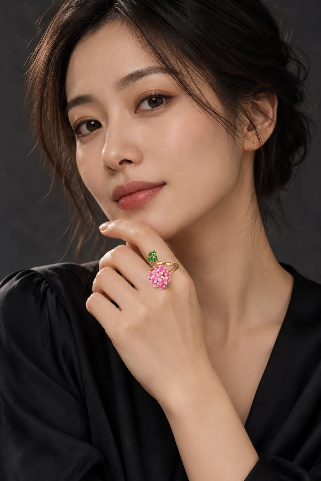 The Oriane Poème Ring worn on a model — AI-generated styling preview