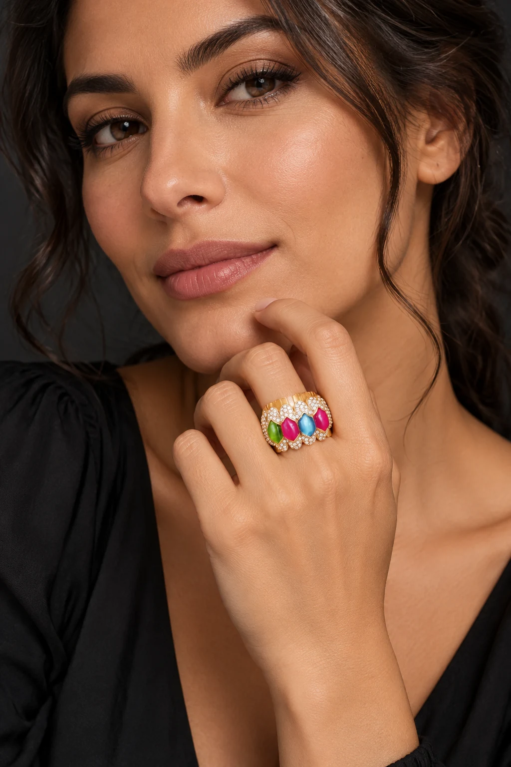 The Agnès Arabesque Ring worn on a model — AI-generated styling preview