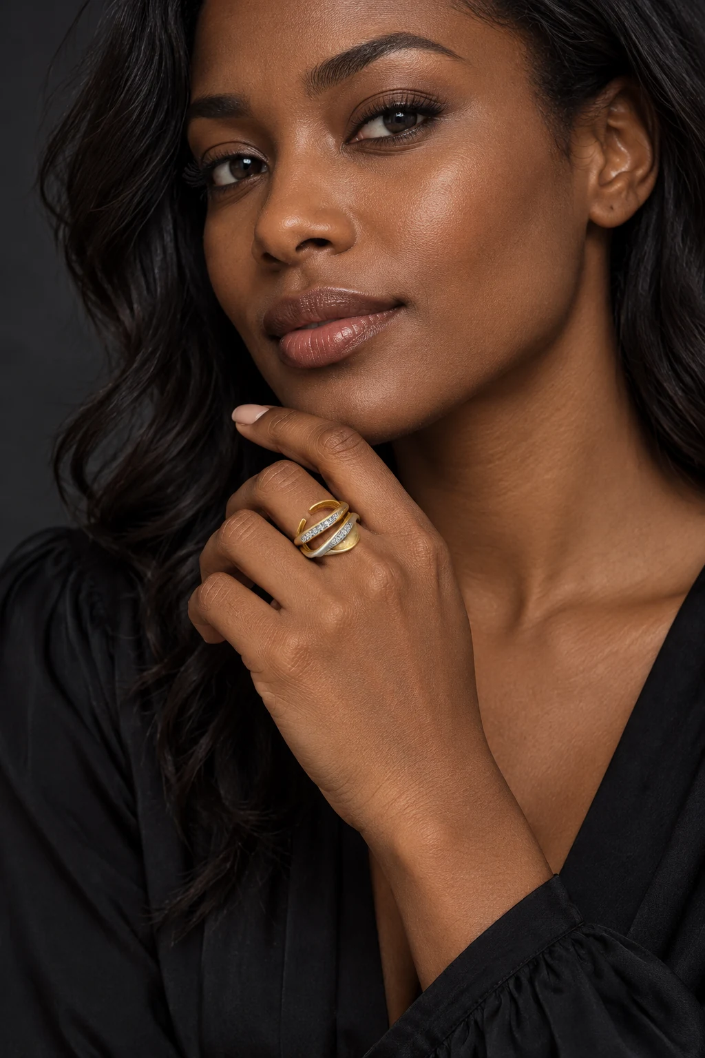 The Émilie Sonata Ring worn on a model — AI-generated styling preview