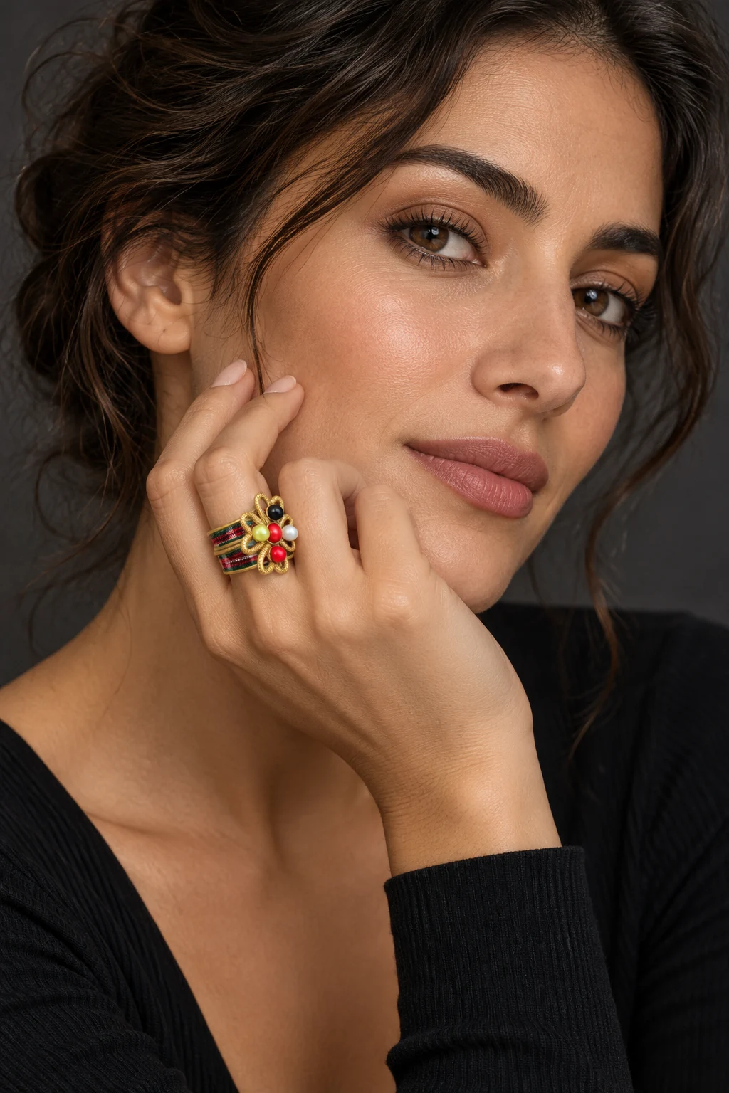 The Gabrielle Rhapsody Ring worn on a model — AI-generated styling preview