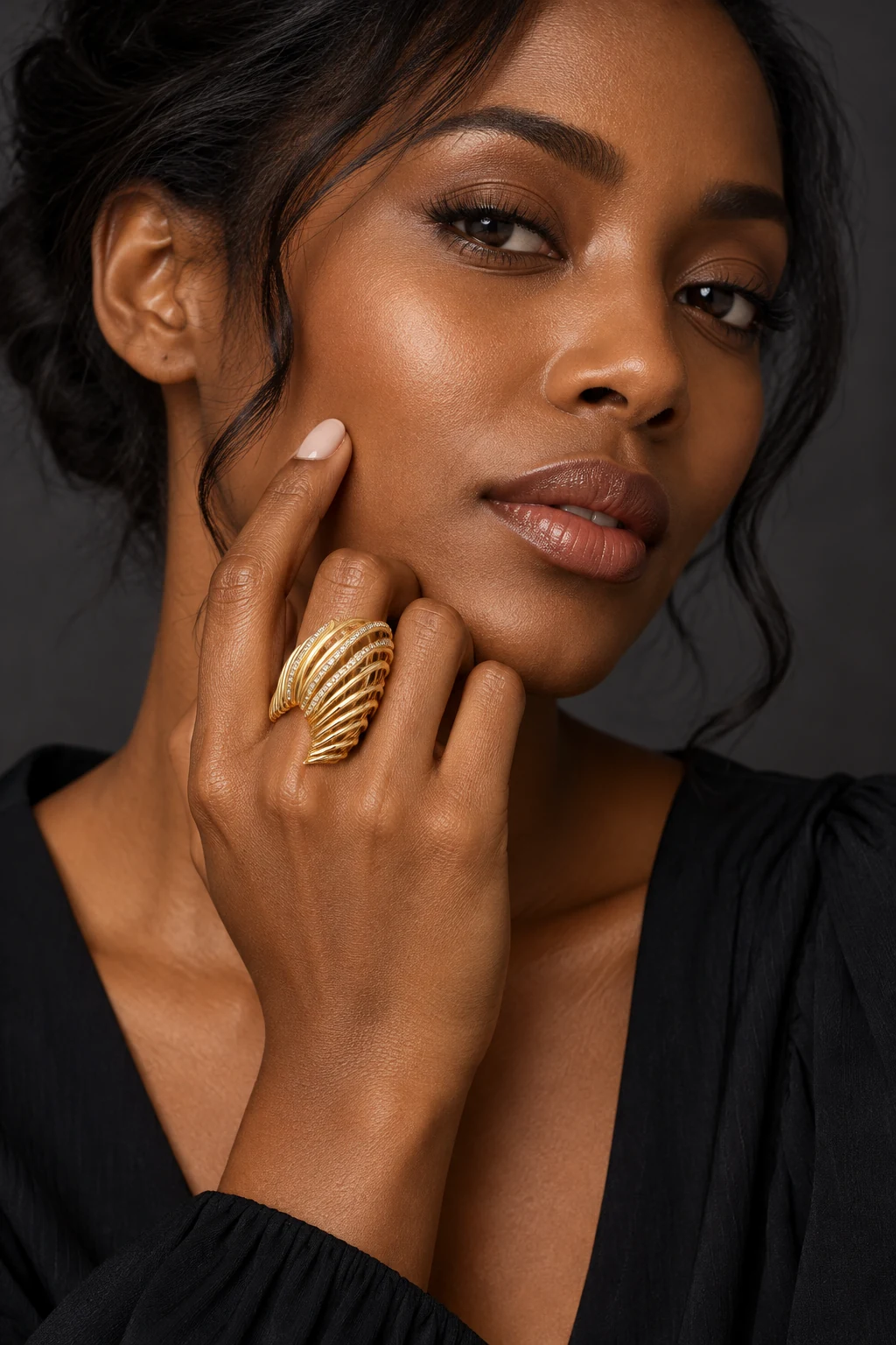 The Anastasie Fleur Ring worn on a model — AI-generated styling preview