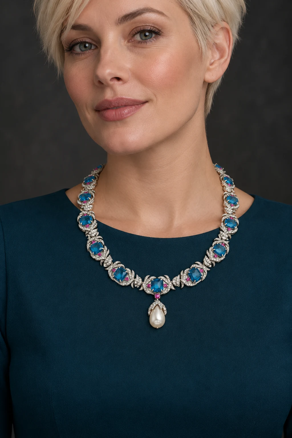 The Belladonna Blue Necklace worn on a model — AI-generated styling preview