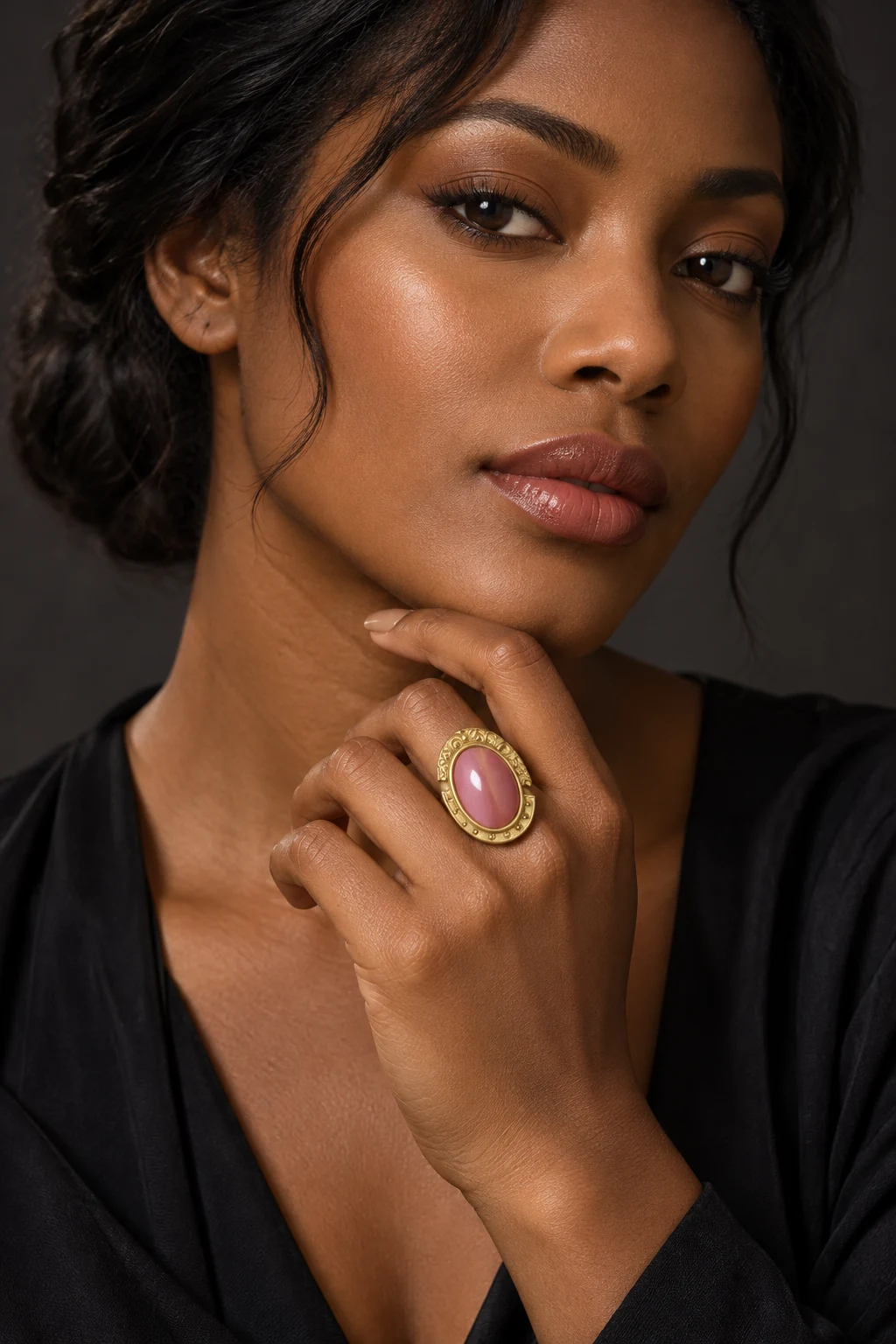 The Olivia Sonnet Pink Ring worn on a model — AI-generated styling preview