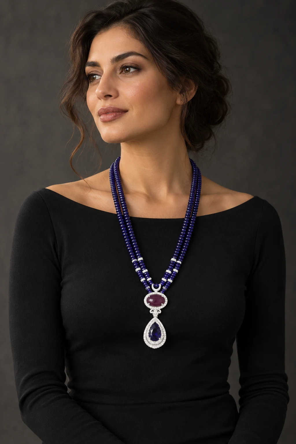 The Sylvie Waltz Necklace worn on a model — AI-generated styling preview