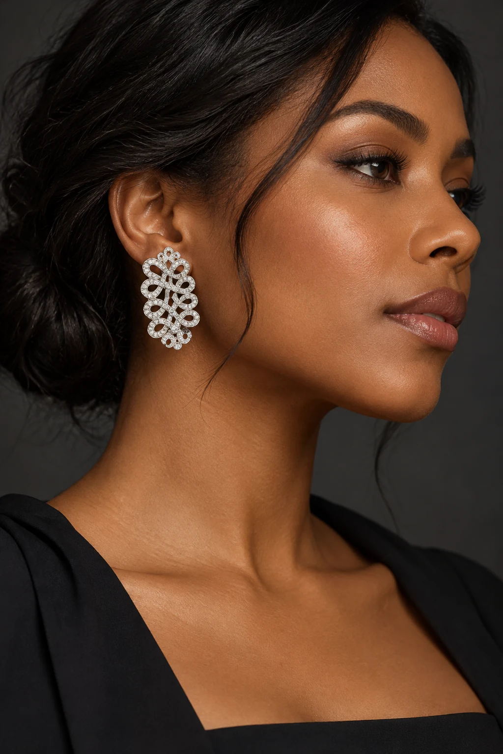 The Claire Promenade Earrings worn on a model — AI-generated styling preview