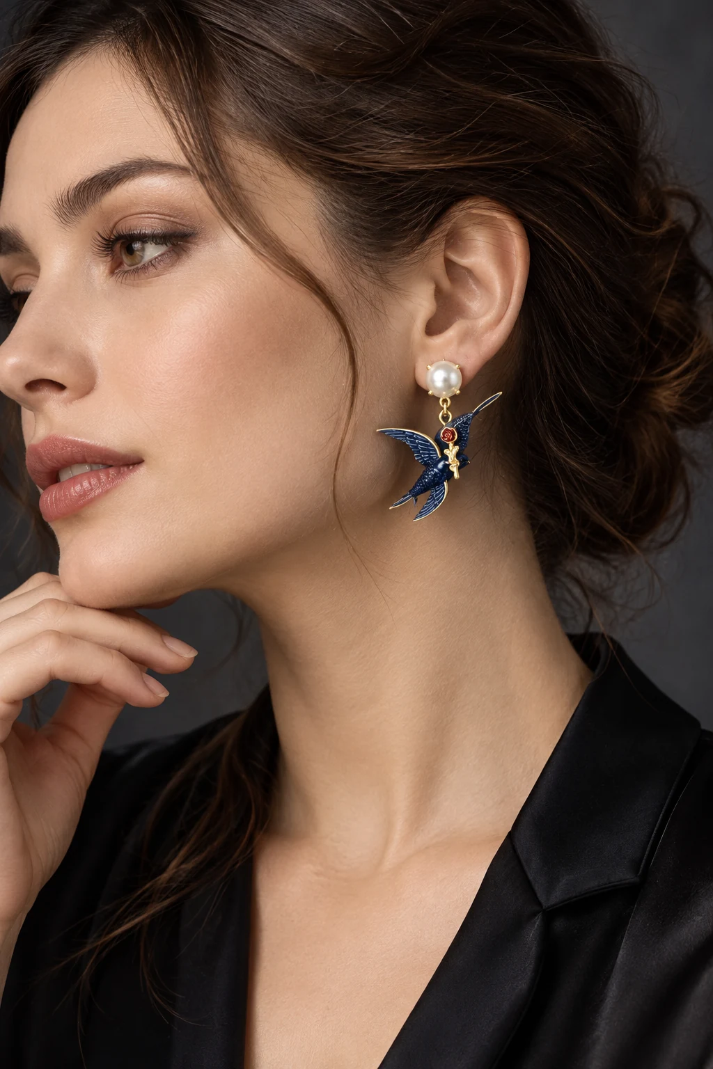 The Claire Arabesque Earrings worn on a model — AI-generated styling preview