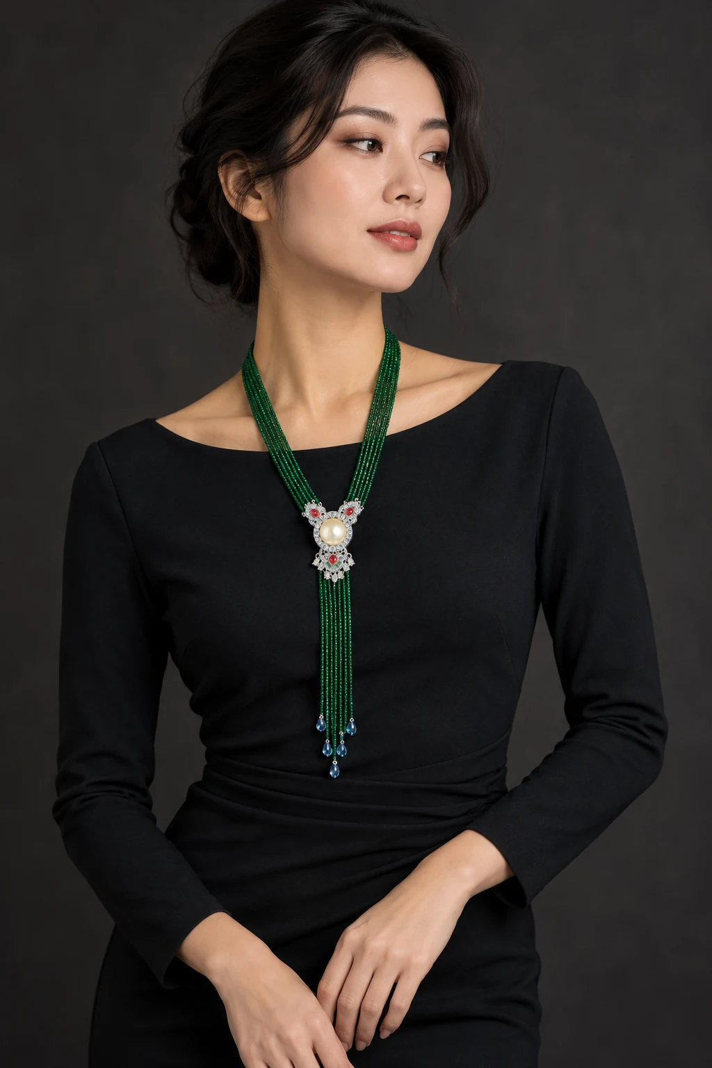 The Ingrid Rhapsody Necklace worn on a model — AI-generated styling preview