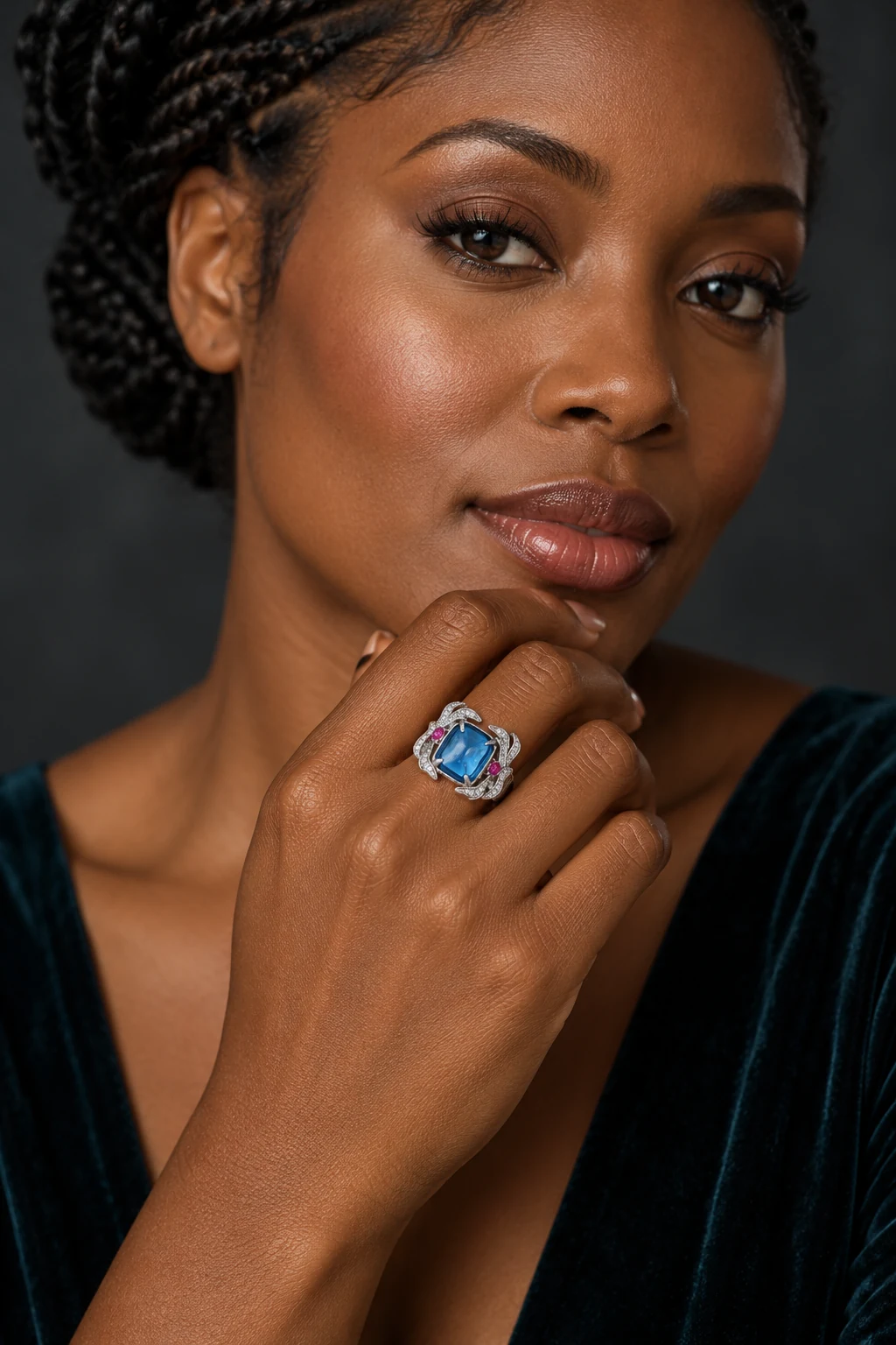 The Belladonna Blue Ring worn on a model — AI-generated styling preview