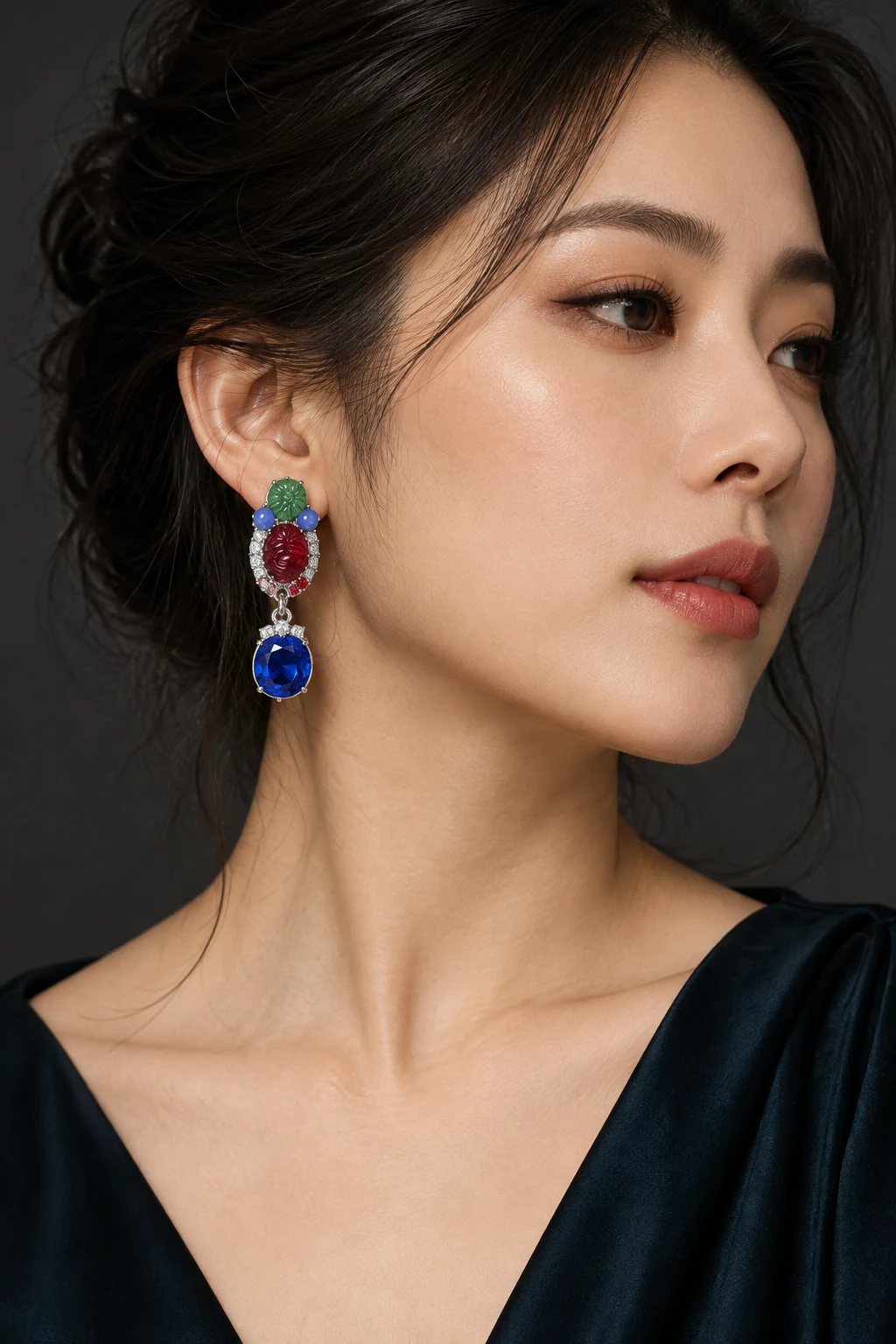 The Alma Arabesque Red Earrings worn on a model — AI-generated styling preview