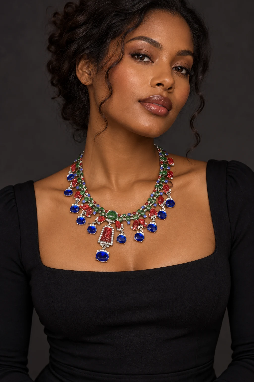 The Alma Arabesque Green Necklace worn on a model — AI-generated styling preview