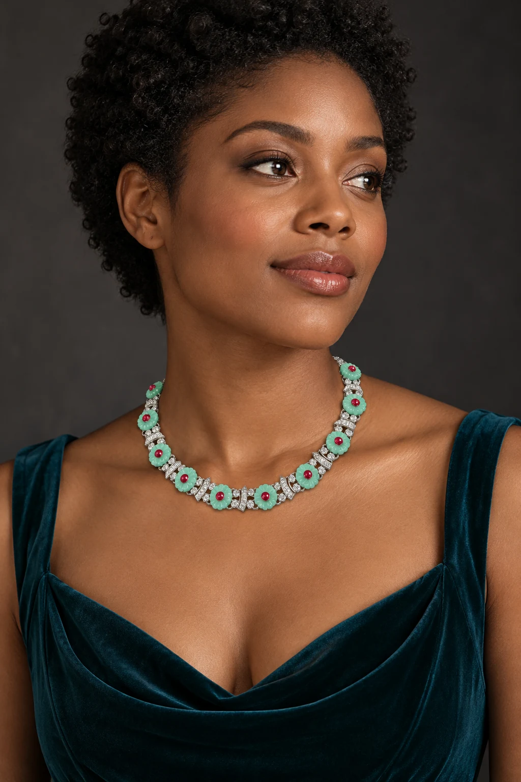 The Fleur Promenade Necklace worn on a model — AI-generated styling preview