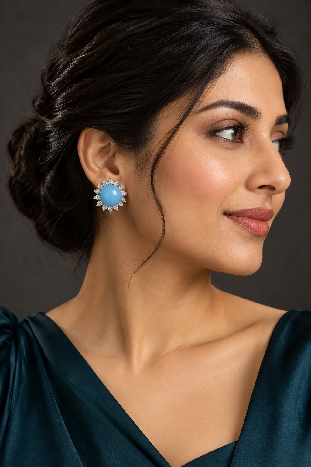 The Salomé Poème Earrings worn on a model — AI-generated styling preview
