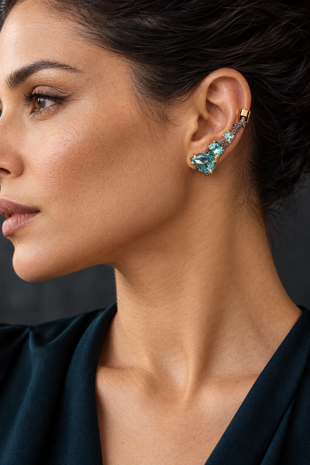 The Élise Nocturne Earrings worn on a model — AI-generated styling preview