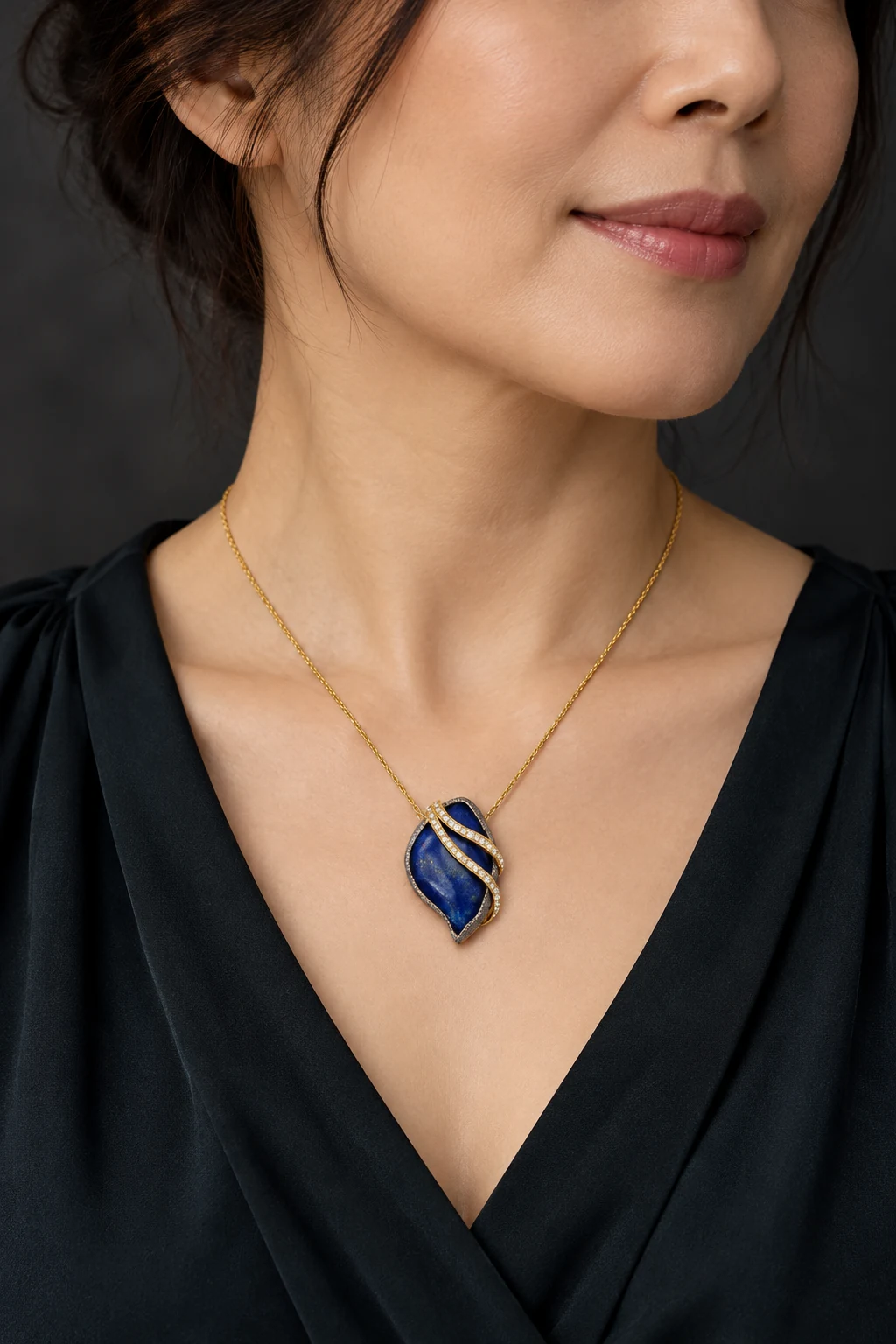 The Eugénie Sonata Necklace worn on a model — AI-generated styling preview