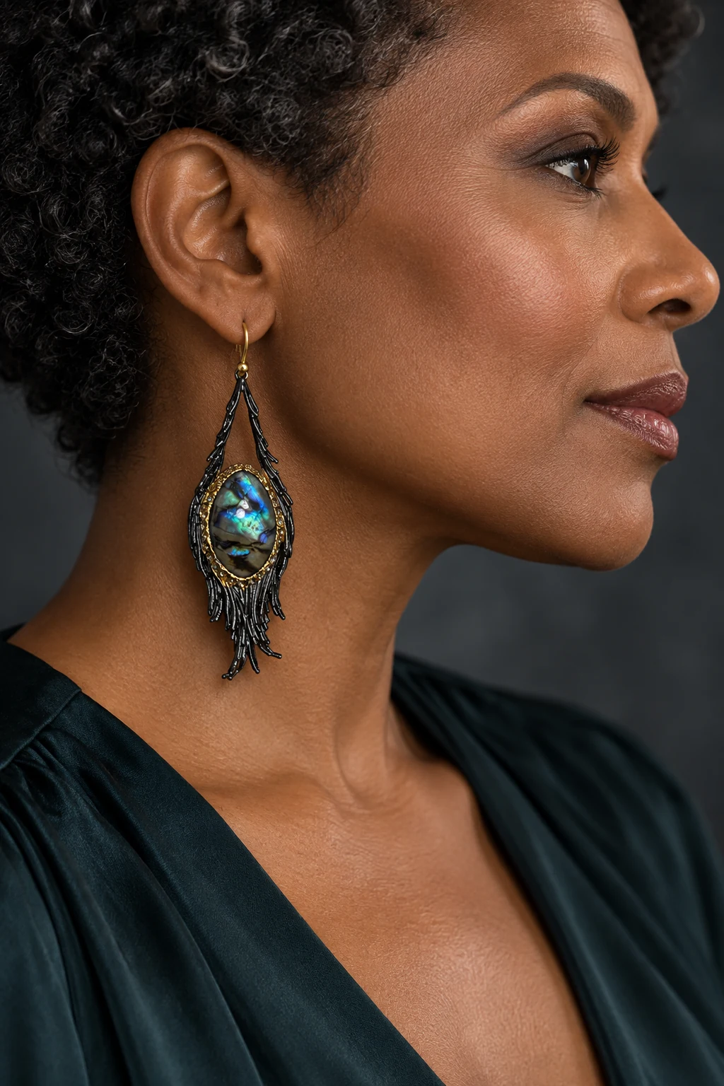 The Isabelle Arabesque Earrings worn on a model — AI-generated styling preview