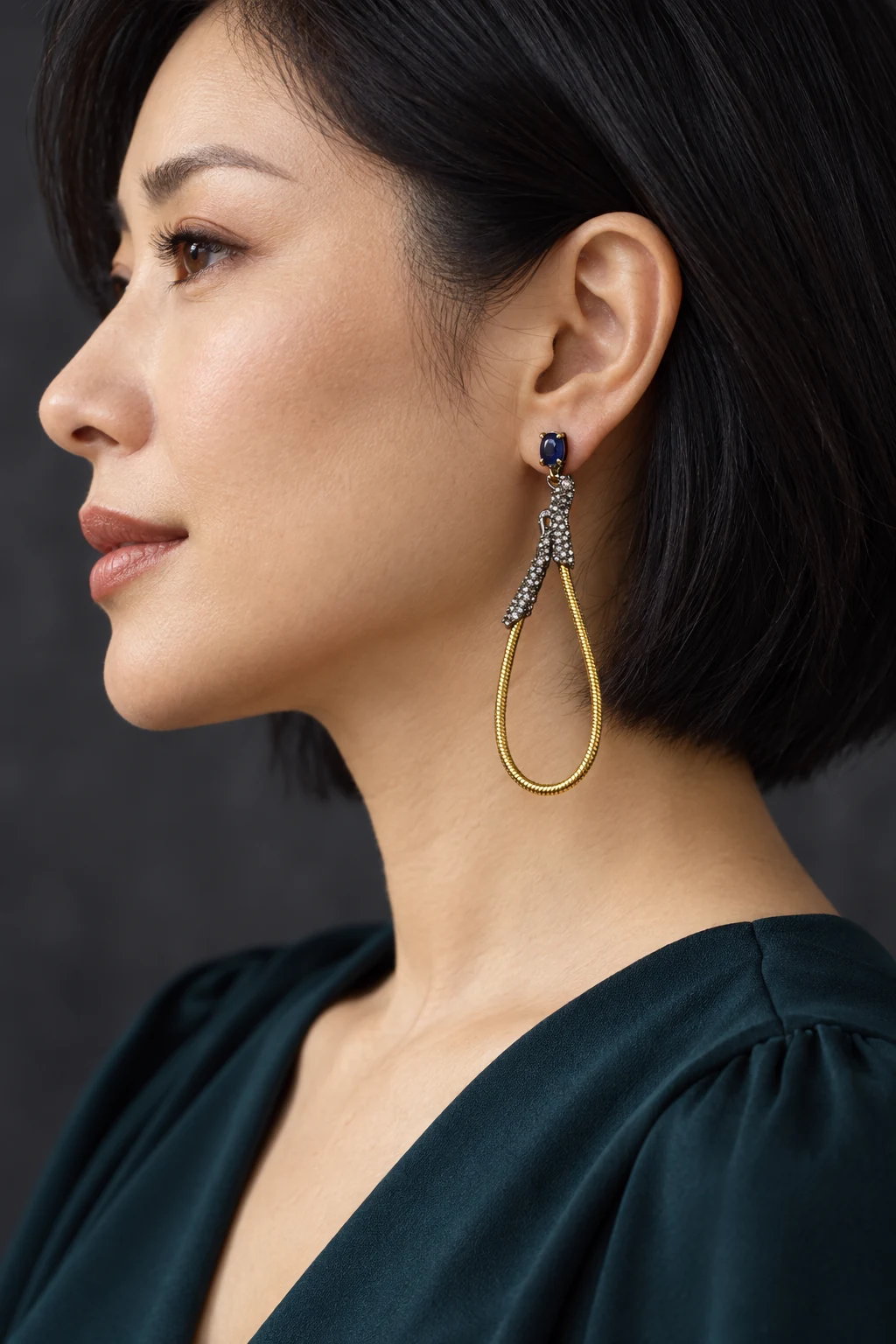 The Mélanie Nocturne Earrings worn on a model — AI-generated styling preview