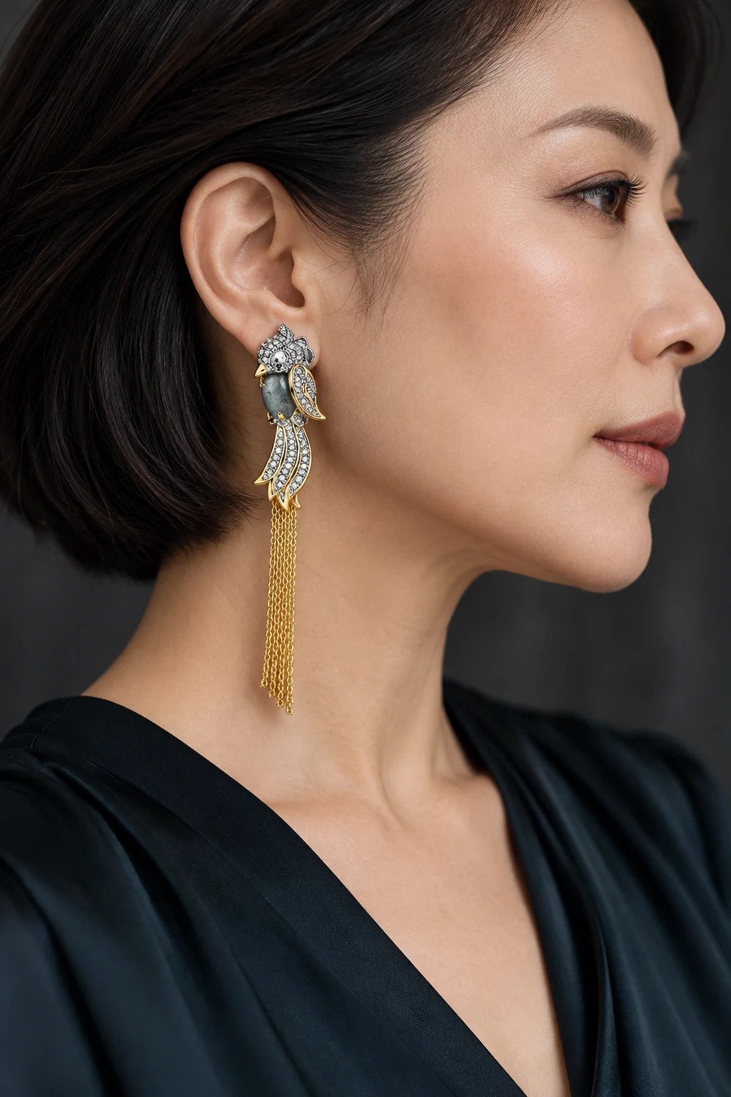 The Irène Rhapsody Earrings worn on a model — AI-generated styling preview