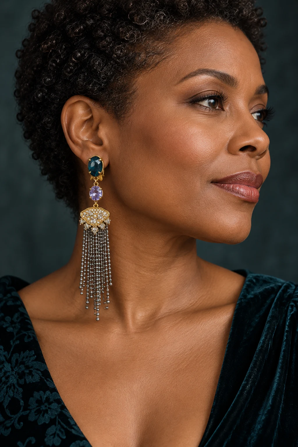 The Sylvie Nocturne Earrings worn on a model — AI-generated styling preview