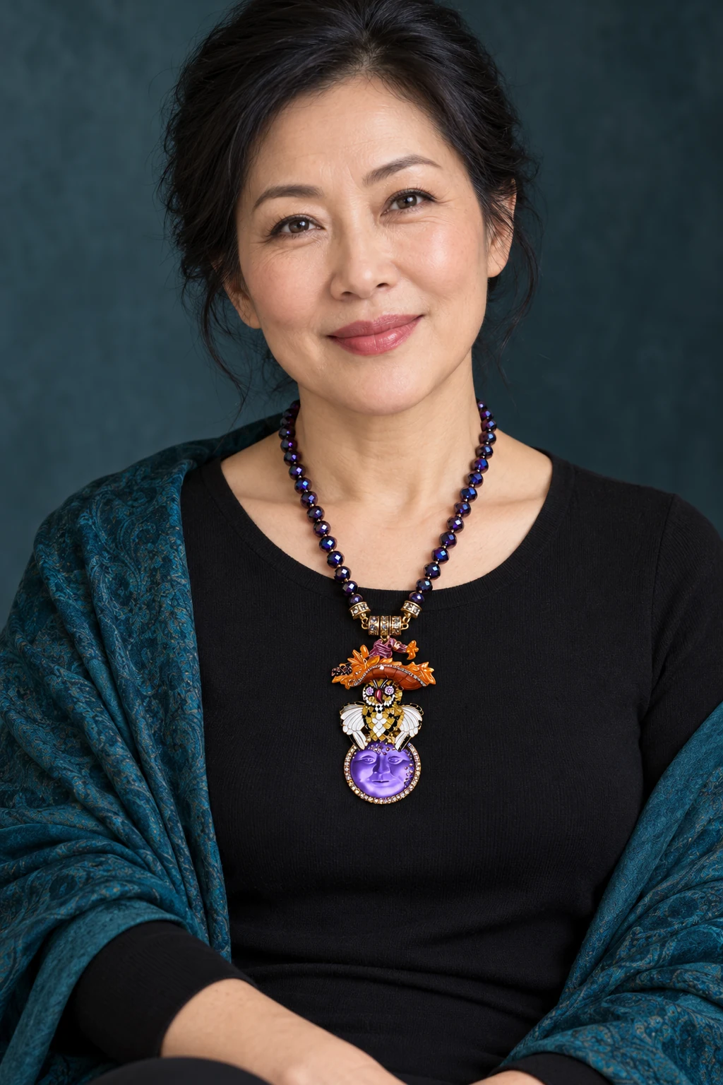 The Élise Sonnet Violet Necklace worn on a model — AI-generated styling preview