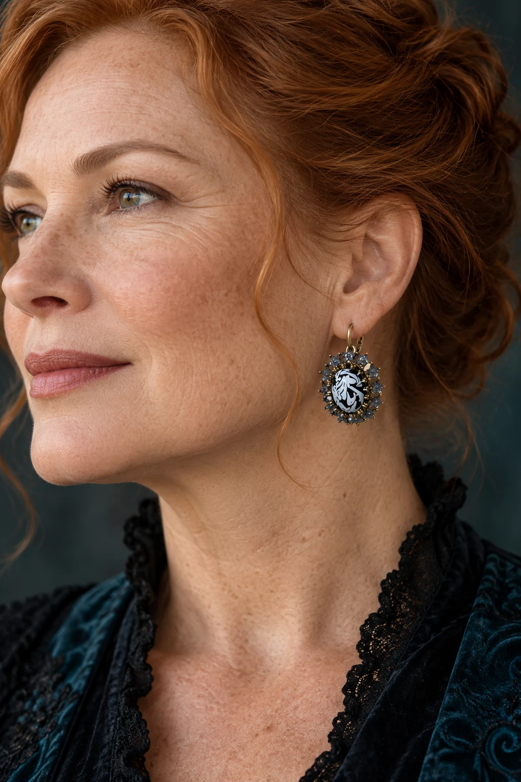 The Sabine Waltz Earrings worn on a model — AI-generated styling preview