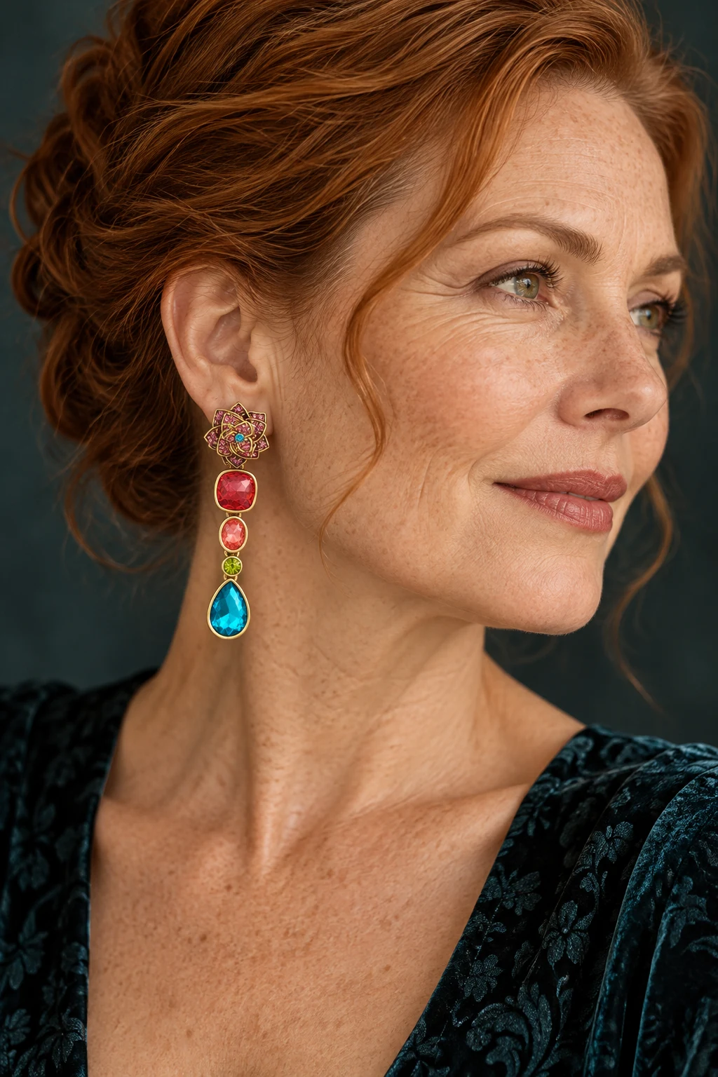 The Lucienne Fleur Earrings worn on a model — AI-generated styling preview