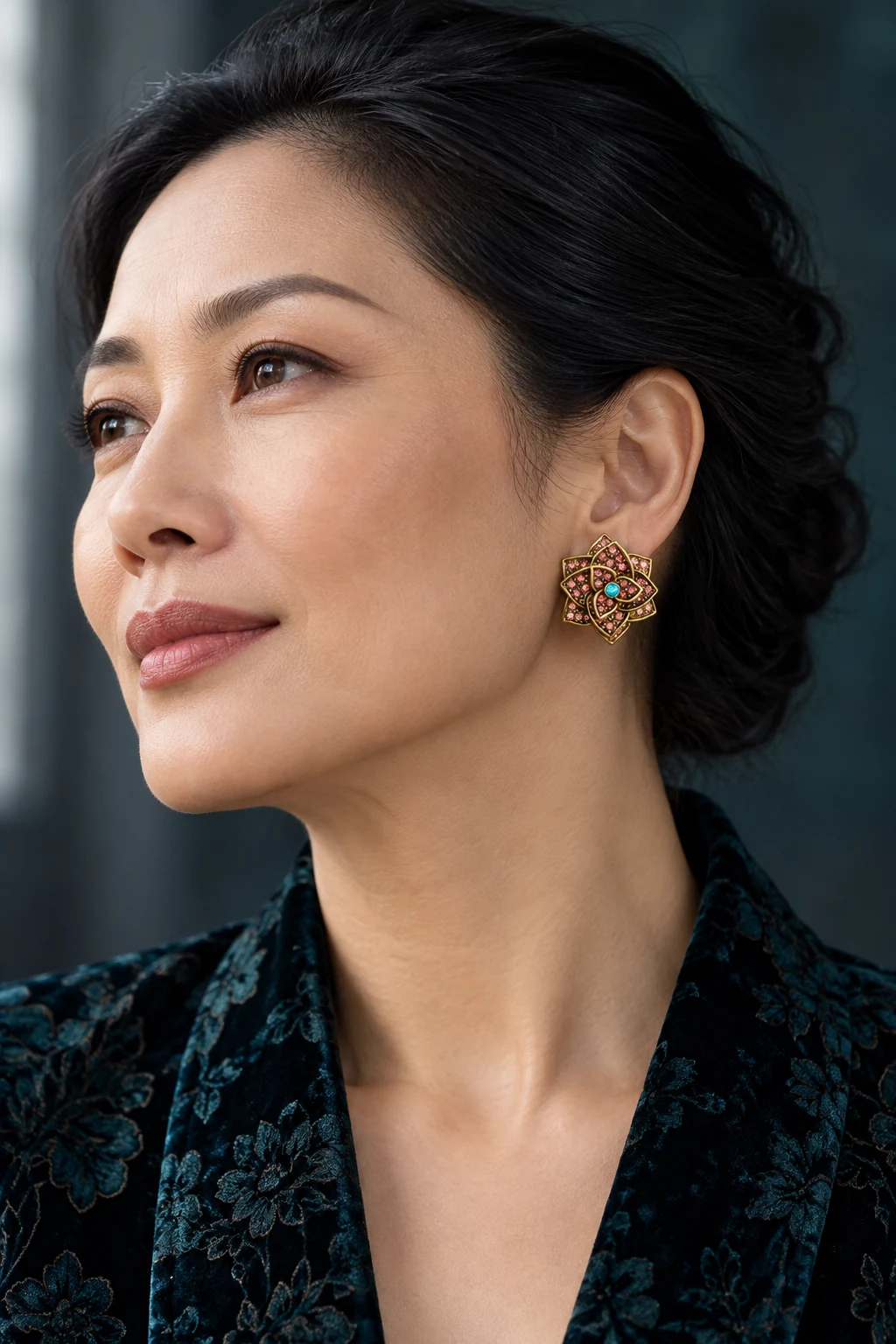 The Lucienne Fleur Earrings worn on a model — AI-generated styling preview
