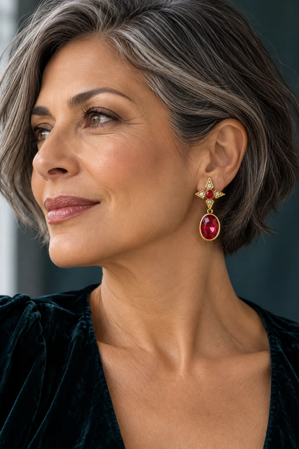 The Geneviève Nocturne Earrings worn on a model — AI-generated styling preview
