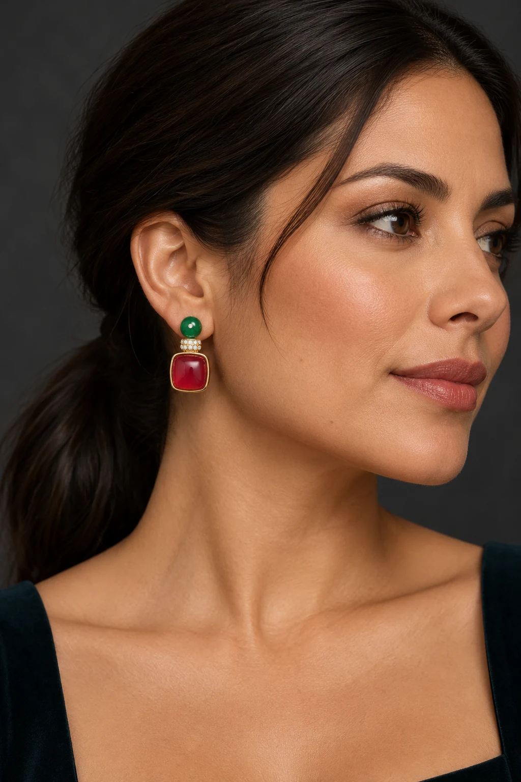 The Bérénice Promenade Green Earrings worn on a model — AI-generated styling preview
