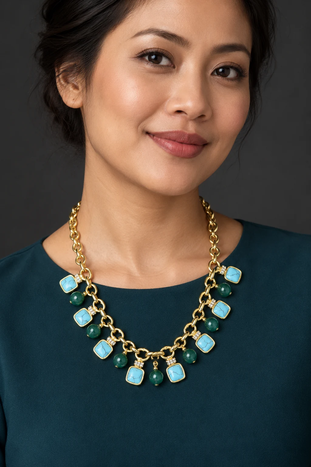 The Bérénice Promenade Blue Necklace worn on a model — AI-generated styling preview