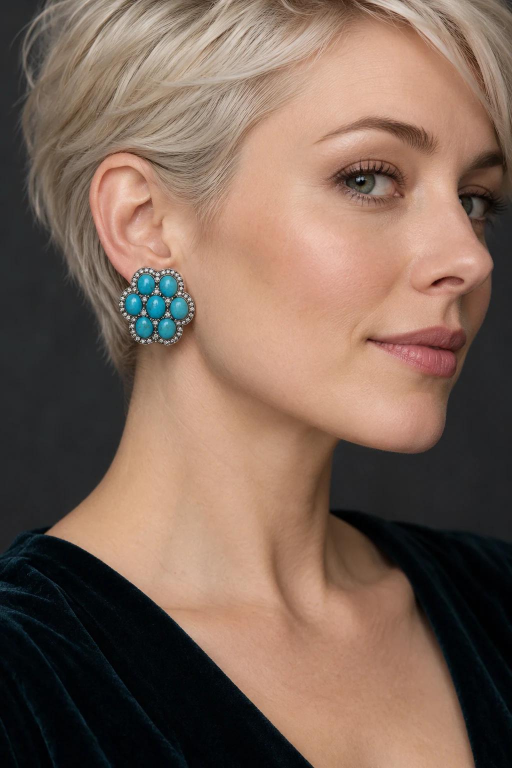 The Philomène Jardin Blue Earrings worn on a model — AI-generated styling preview