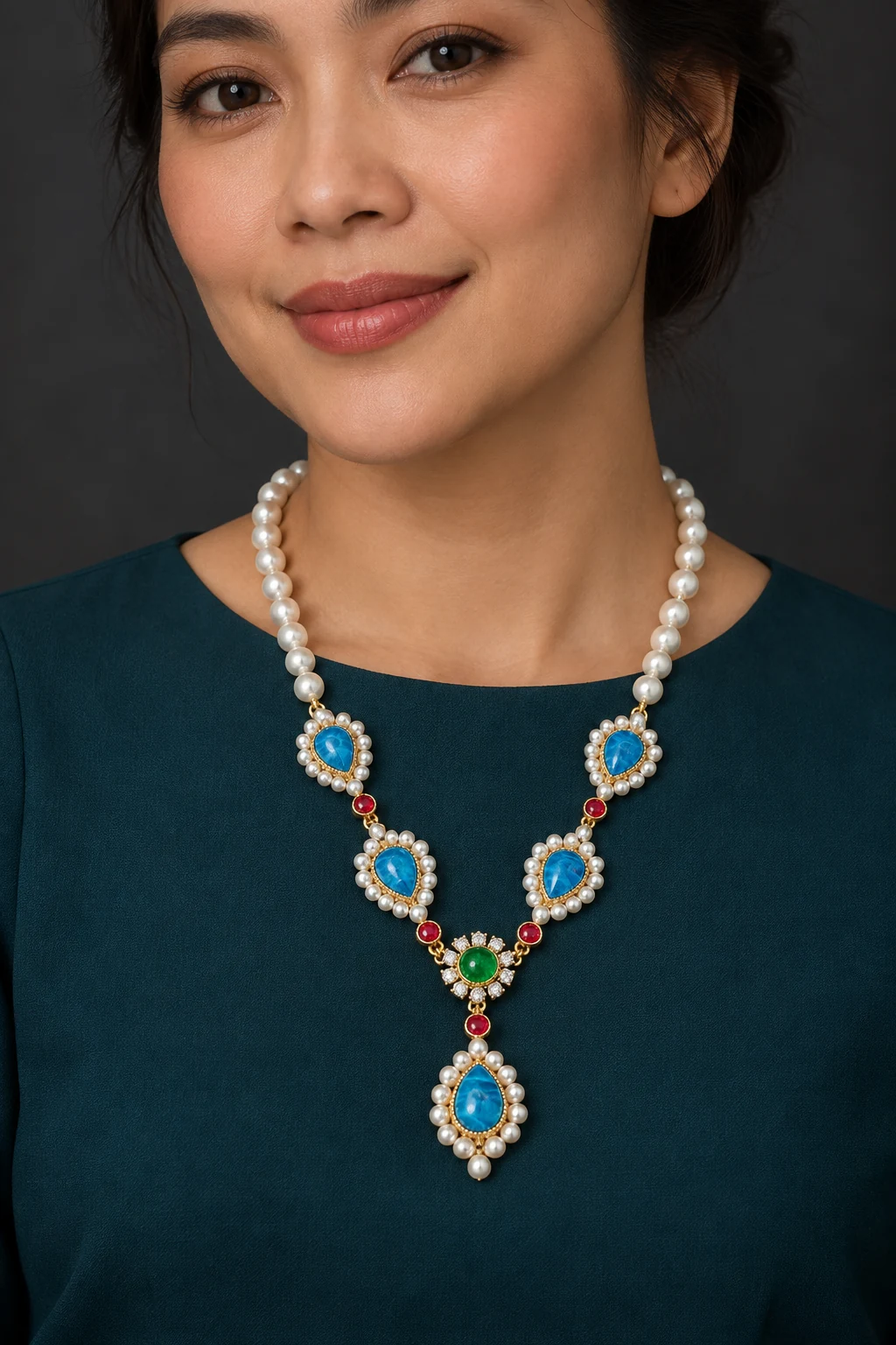 The Mélanie Arabesque Necklace worn on a model — AI-generated styling preview