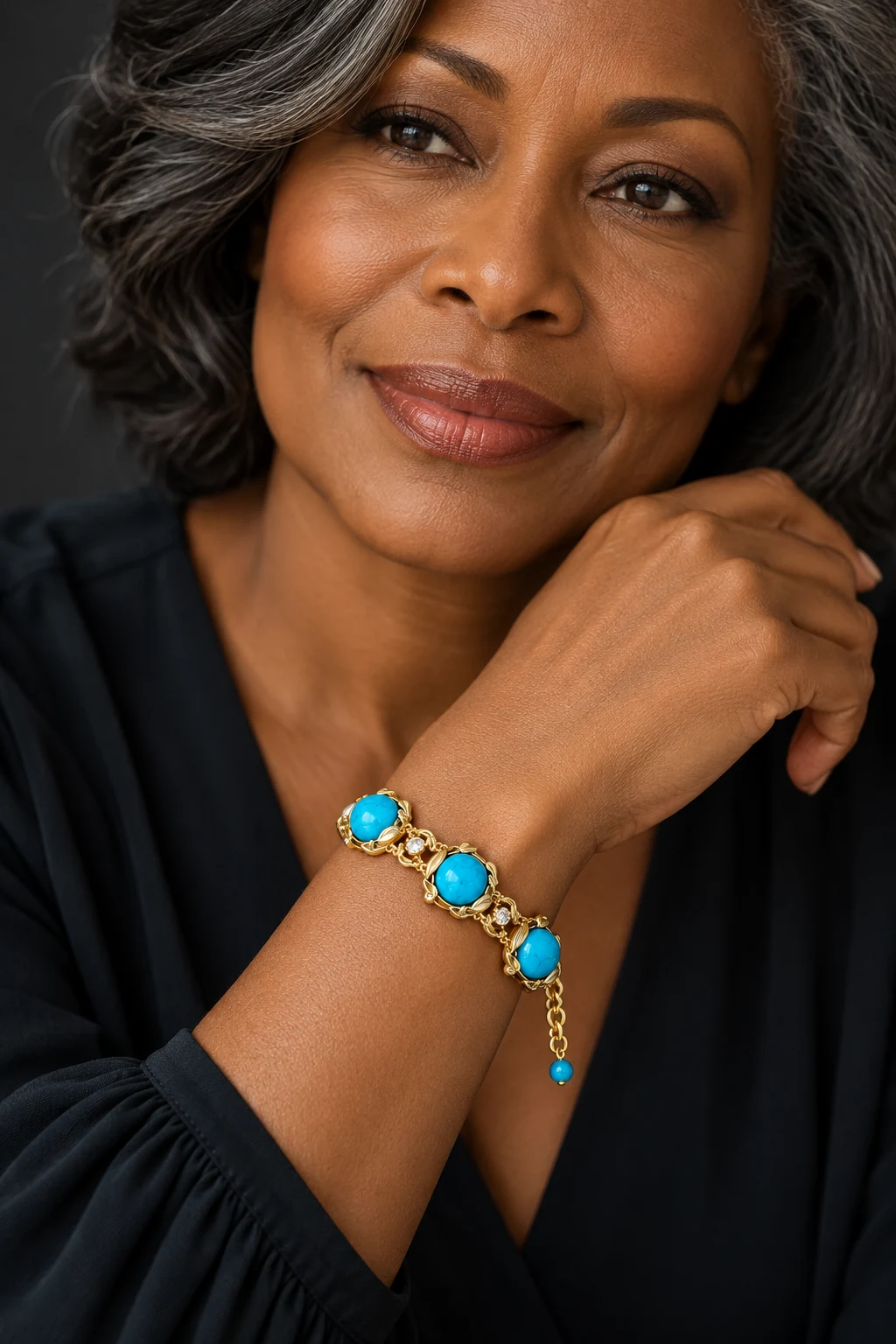 The Gabrielle Waltz Turquoise Blue Bracelet worn on a model — AI-generated styling preview