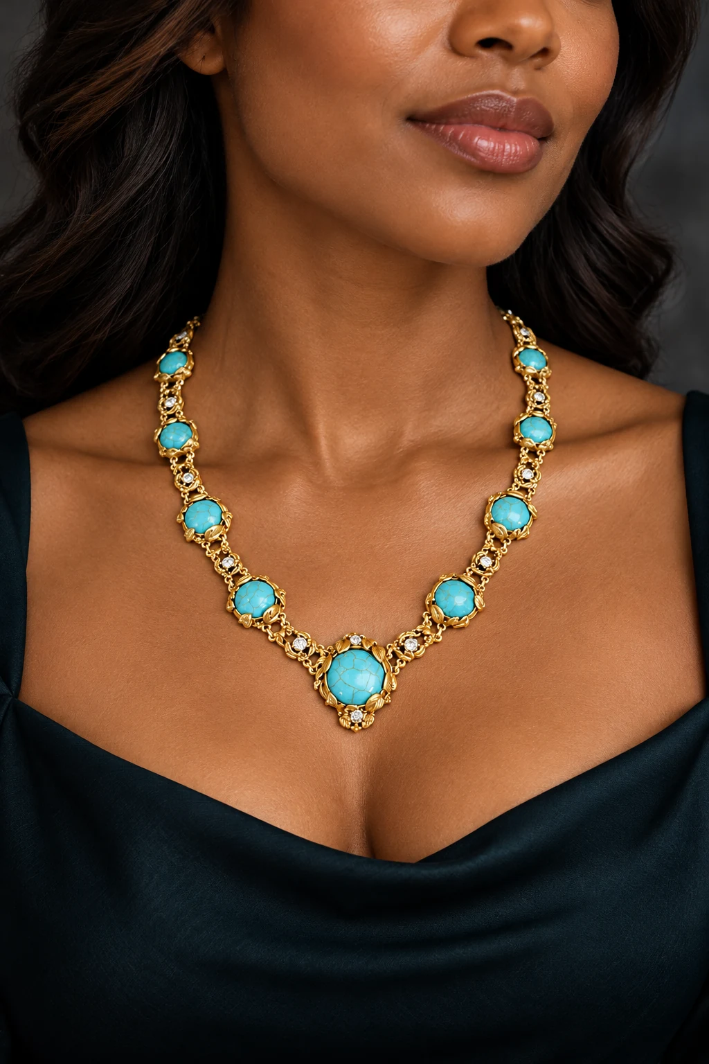The Gabrielle Waltz Turquoise Blue Necklace worn on a model — AI-generated styling preview