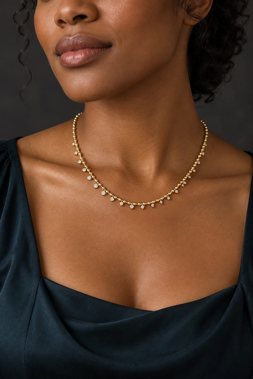 The Raphaëlle Sonnet Necklace worn on a model — AI-generated styling preview