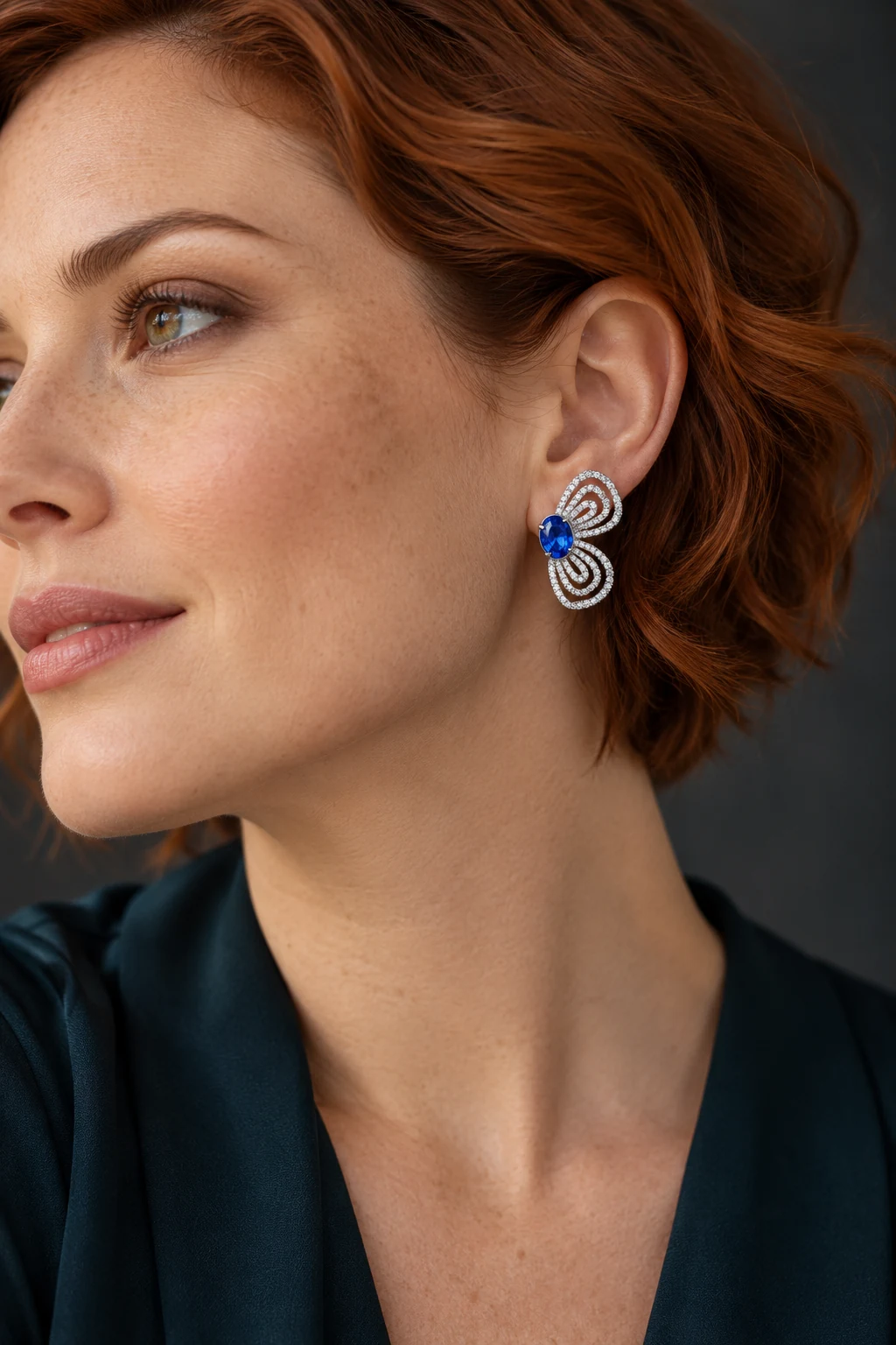 The Margaux Romance Earrings worn on a model — AI-generated styling preview