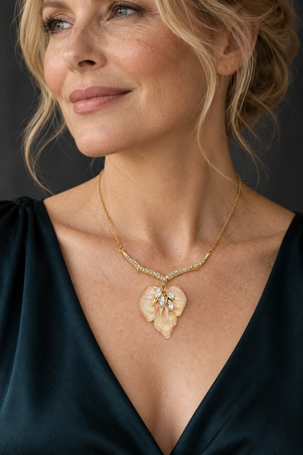The Ophélie Sonnet Necklace worn on a model — AI-generated styling preview