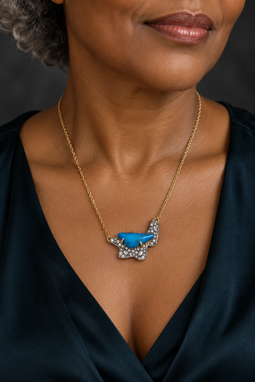 The Alma Fable Necklace worn on a model — AI-generated styling preview