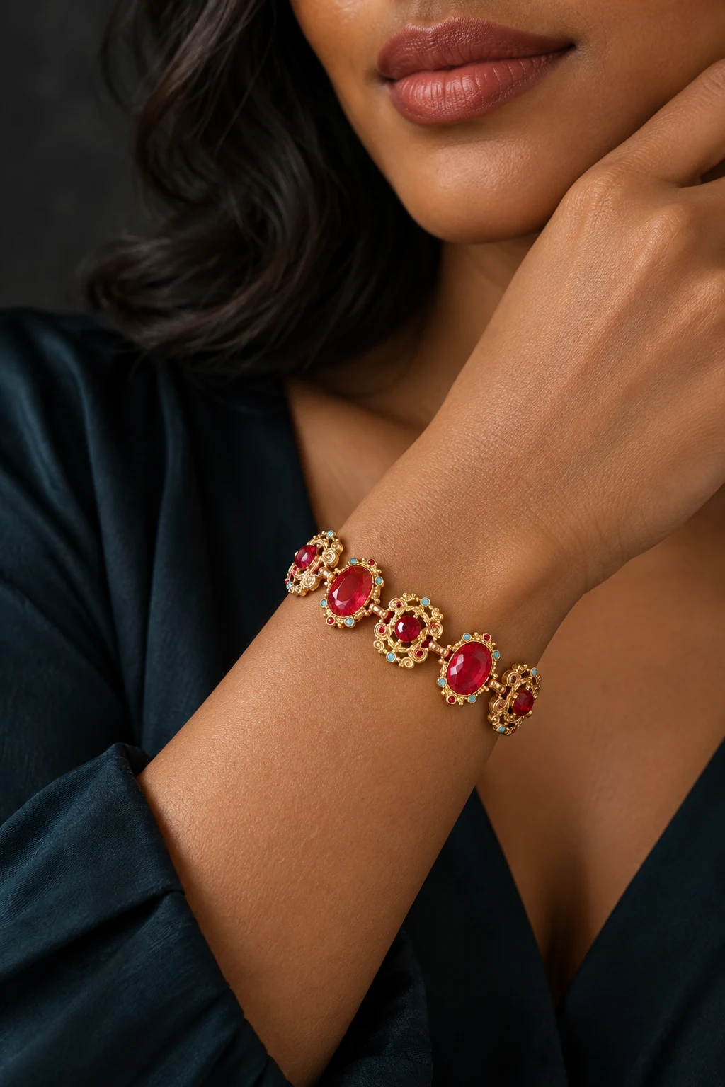 The Rosalie Red Bracelet worn on a model — AI-generated styling preview