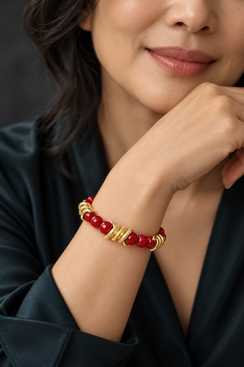 The Eugénie Arabesque Red Bracelet worn on a model — AI-generated styling preview