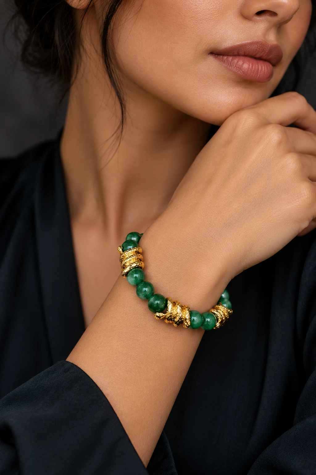 The Eugénie Arabesque Green Bracelet worn on a model — AI-generated styling preview