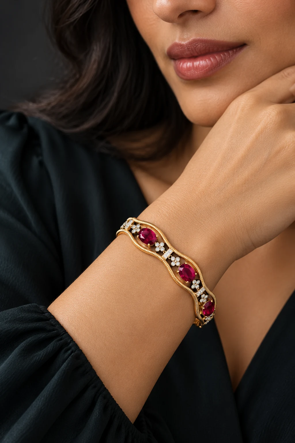 The Virginie Poème Red Bracelet worn on a model — AI-generated styling preview